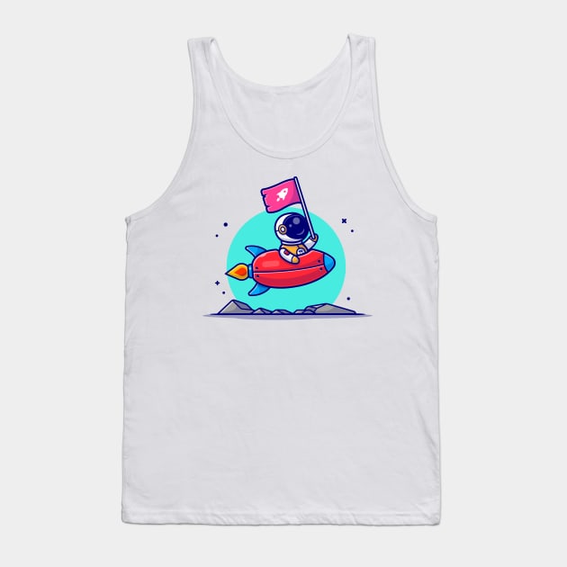 Cute Astronaut Holding Flag With Riding Rocket in Space Cartoon Vector Icon Illustration Tank Top by Catalyst Labs